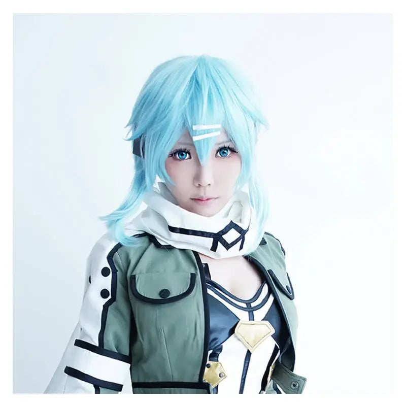 Ice blue synthetic sword art online short cosplay wig with white geometric markings on forehead and bangs