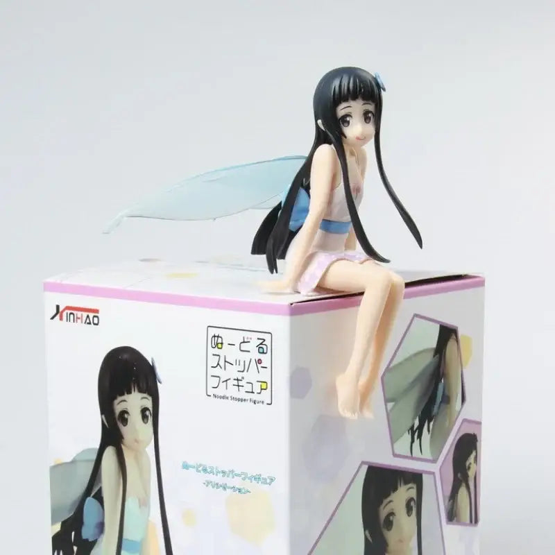 Sword art online yui sitting figure with black hair, translucent blue wings, and light pink white outfit, 12cm statue