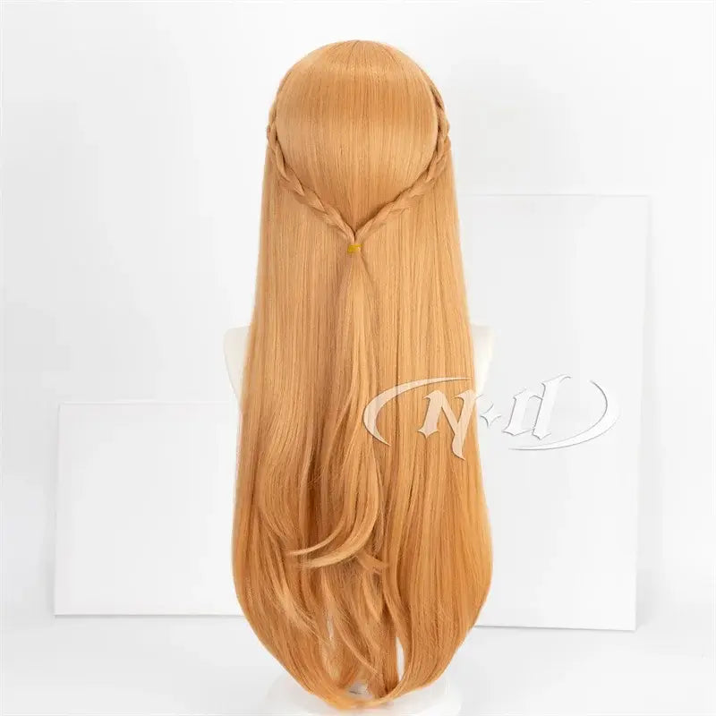 Long straight chestnut synthetic wig with side braid and yellow clip for sword art online yuuki asuna cosplay