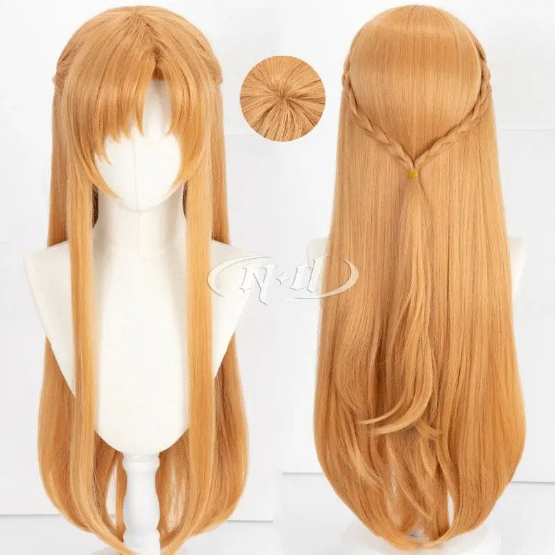 Long straight chestnut synthetic cosplay wig with side braid and bangs for sword art online yuuki asuna cosplay
