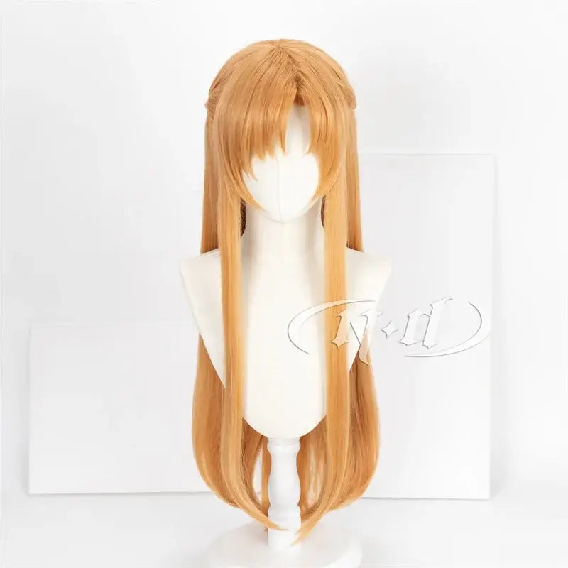 Long straight chestnut synthetic cosplay wig with bangs on mannequin for sword art online yuuki asuna cosplay