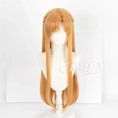 Long straight chestnut synthetic cosplay wig with bangs on mannequin for sword art online yuuki asuna cosplay