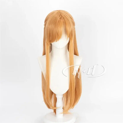 Long straight chestnut synthetic wig with bangs and side braids for sword art online yuuki asuna cosplay
