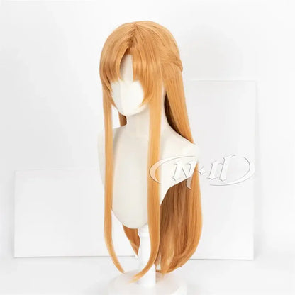 Long straight chestnut synthetic cosplay wig with bangs and side braid for sword art online yuuki asuna cosplay