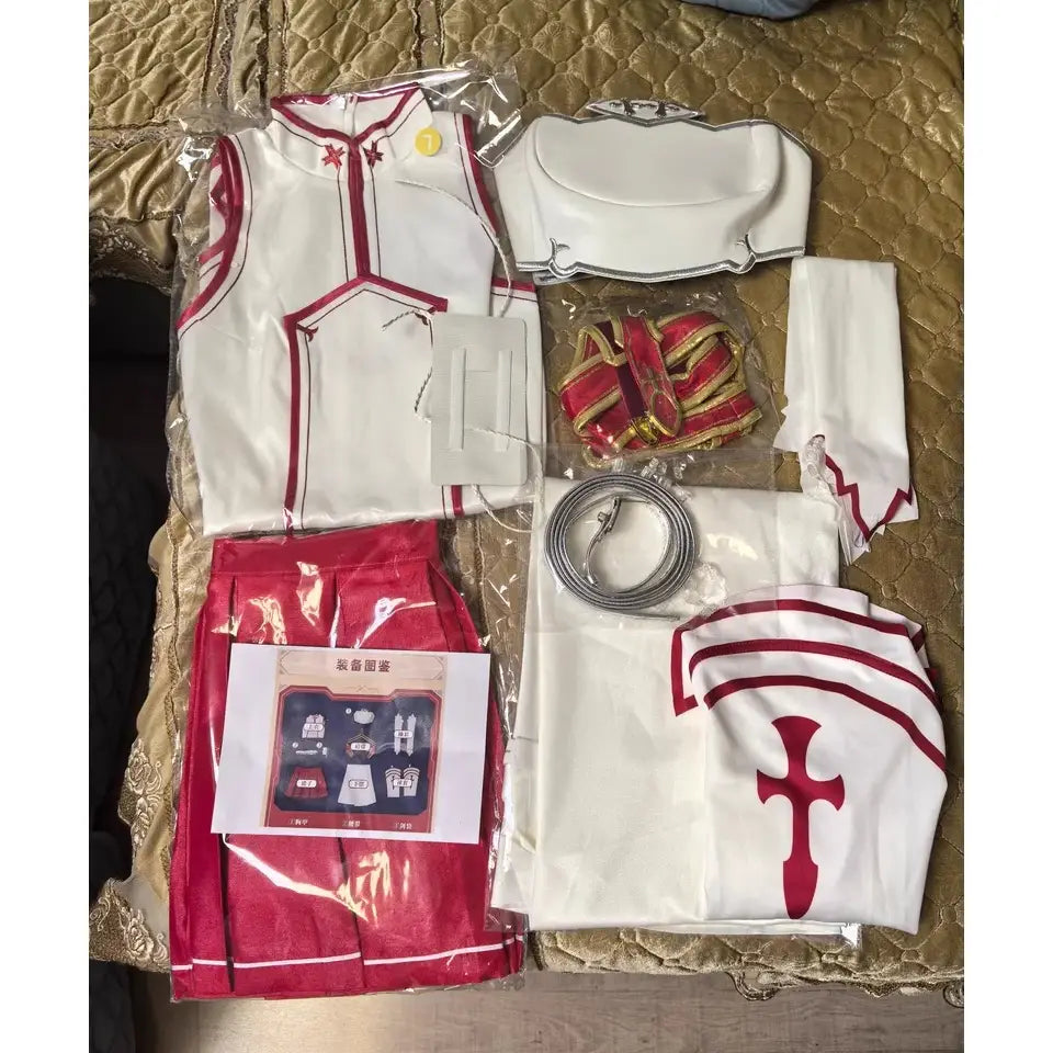 White and red sword art online yuuki asuna cosplay outfit with cross emblem and detailed stitching for cosplay wig use