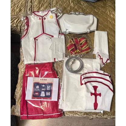 White and red sword art online yuuki asuna cosplay outfit with cross emblem and detailed stitching for cosplay wig use