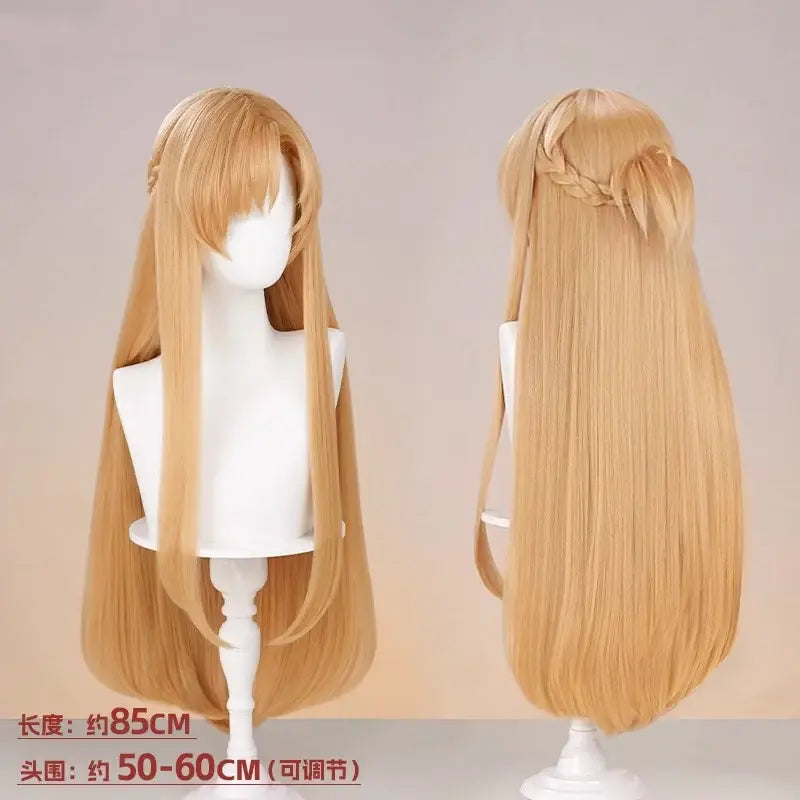 Long straight blonde yuuki asuna cosplay wig with braided side and bow at nape for sword art online cosplay