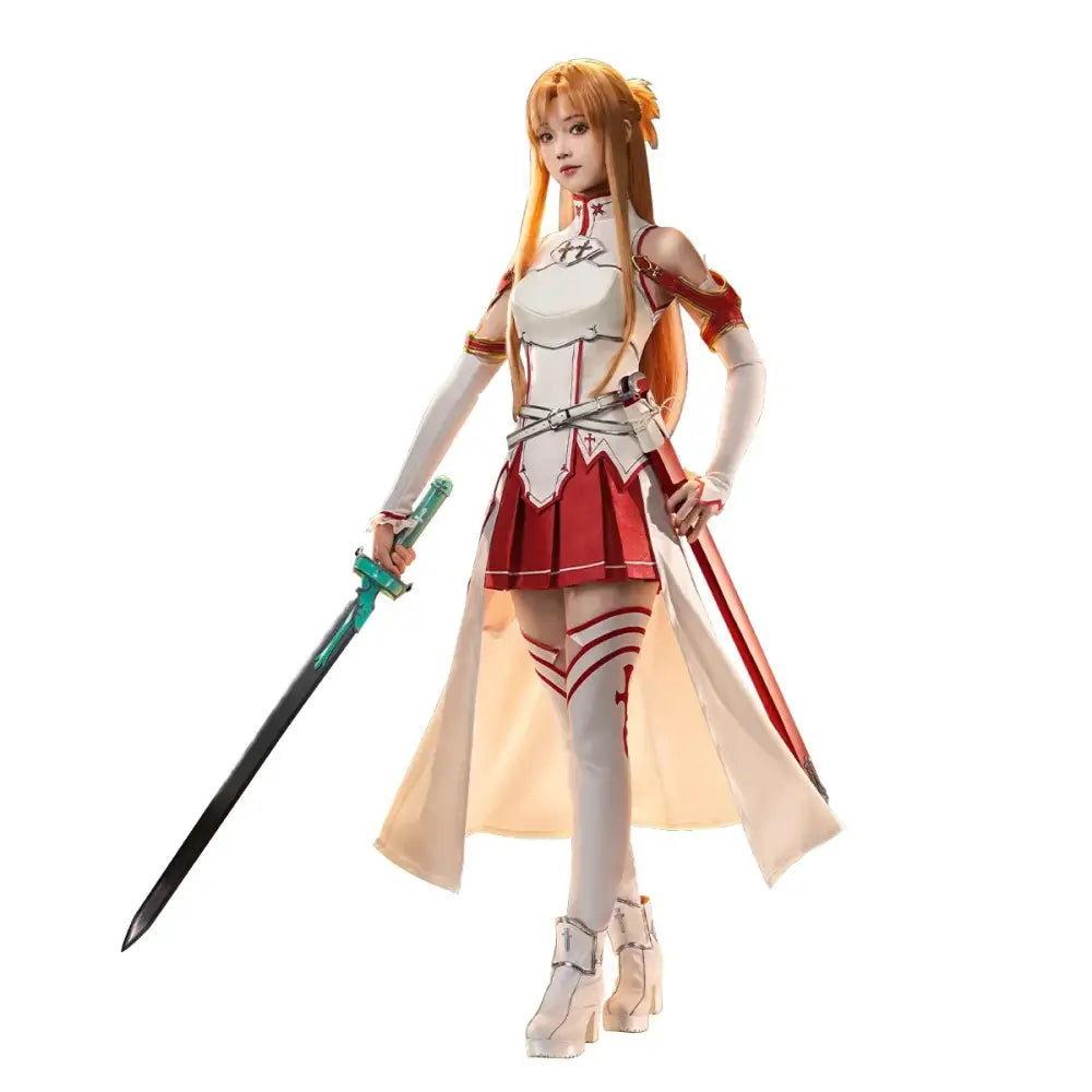 White and red armored cosplay outfit with silver trim beige cape and matching boots for yuuki asuna sword art online cosplay wig