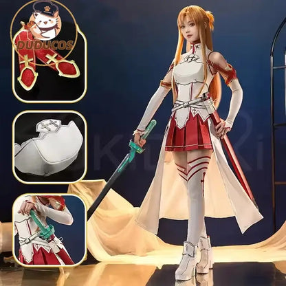 White and red armored cosplay outfit with silver trim featuring shoulder armor and thigh-high boots for yuuki asuna sword art online cosplay wig