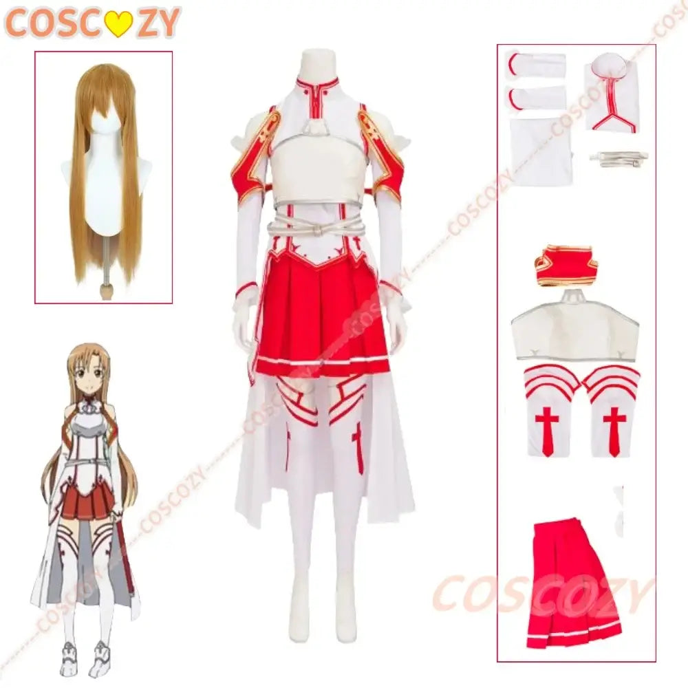 White and red armored cosplay outfit with gold trim details for sword art online yuuki asuna cosplay wig party costume