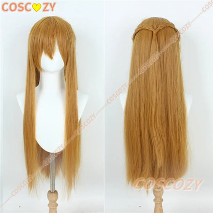 Long straight golden brown yuuki asuna cosplay wig with side swept fringe and braided back for sword art online costume