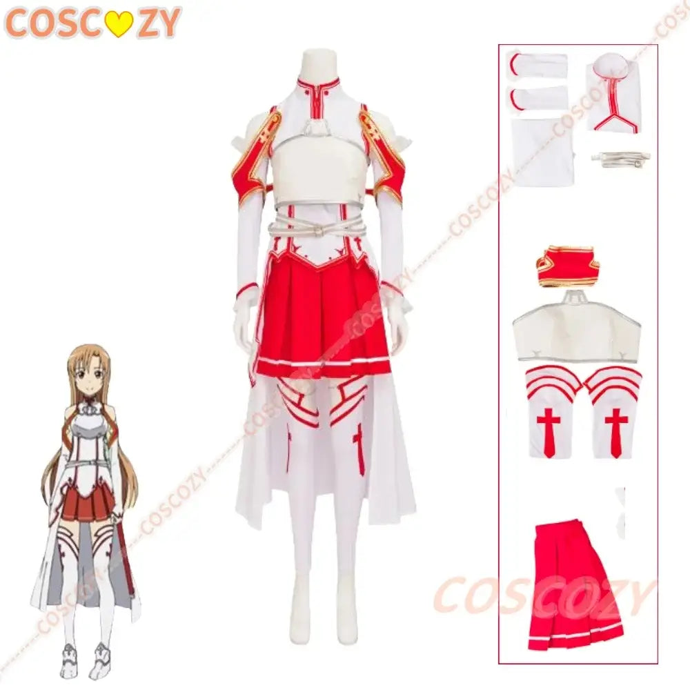 White and red armored yuuki asuna cosplay wig outfit with gold trim shoulder pauldrons and short skirt for sword art online