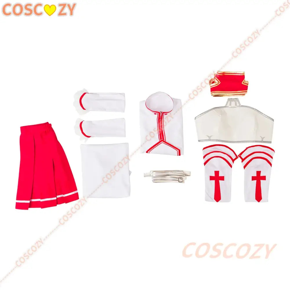 White and red yuuki asuna sword art online cosplay wig with pleated skirt cross-adorned leg guards and accessories