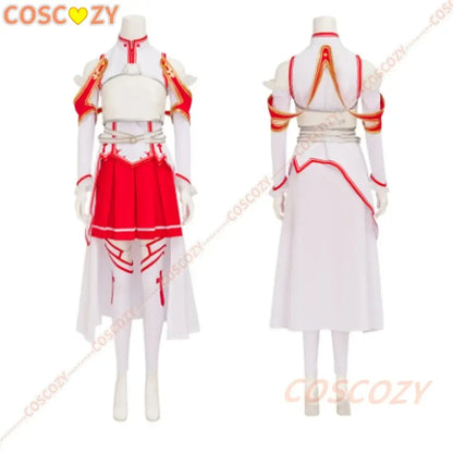 White and red cosplay outfit with gold trim featuring short skirt and long sleeves for sword art online yuuki asuna cosplay wig