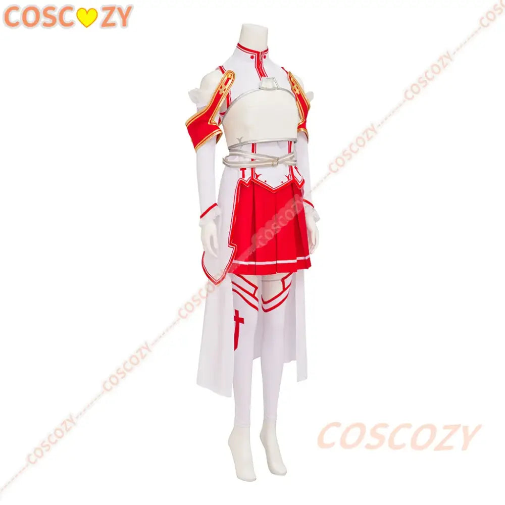 White and red yuuki asuna sword art online cosplay wig with cropped top, pleated skirt, and thigh-high stockings costume