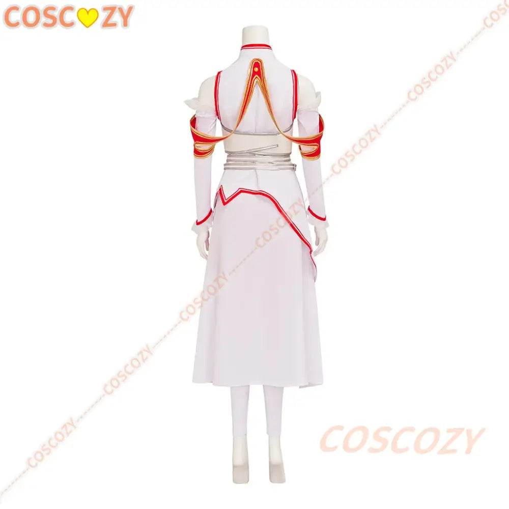 White yuuki asuna cosplay wig with red and gold trim details for sword art online party costume