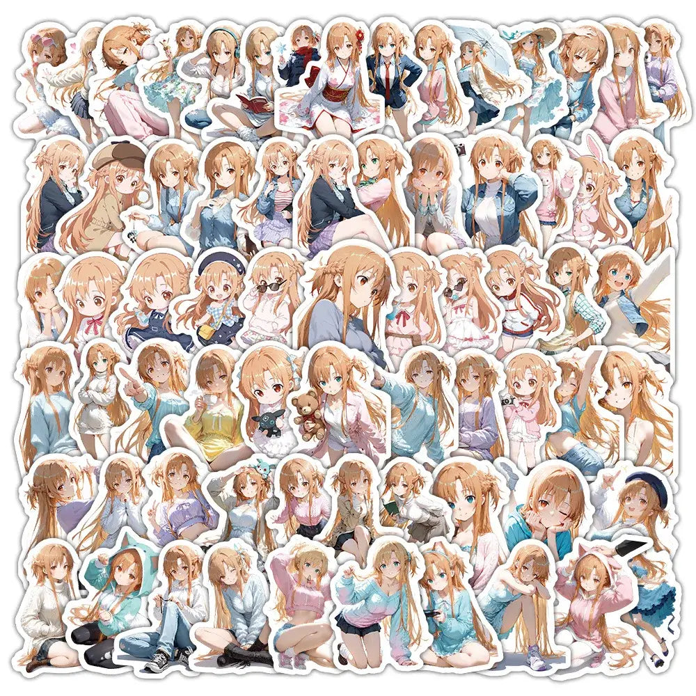 A collection of colorful vinyl yuuki asuna graffiti stickers featuring sword art online character asuna in anime style