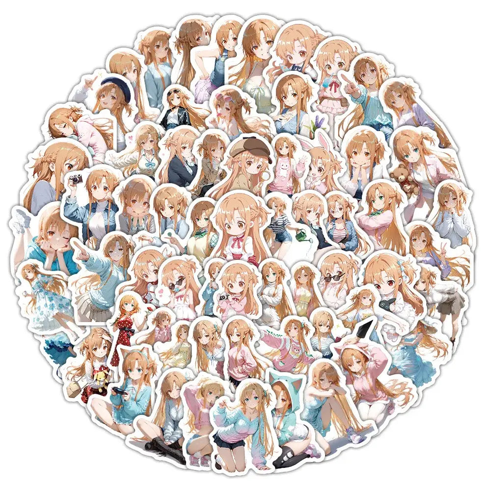 A circular arrangement of colorful vinyl yuuki asuna graffiti stickers featuring sword art online characters in various poses