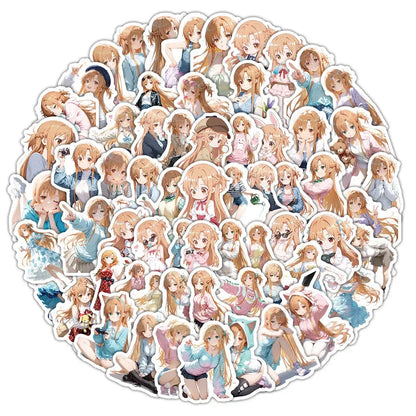A circular arrangement of colorful vinyl yuuki asuna graffiti stickers featuring sword art online characters in various poses