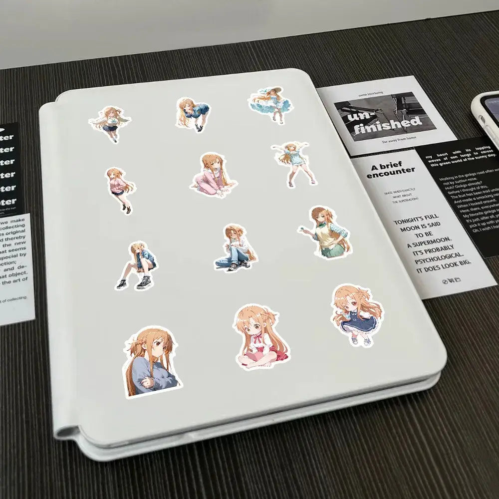 White tablet case with colorful yuuki asuna graffiti vinyl decal stickers from sword art online on the back side