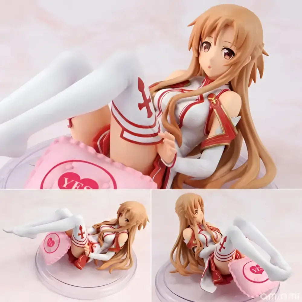 A detailed sword art online yuuki asuna pvc figure reclining on pink yes pillow in white and red outfit with stockings