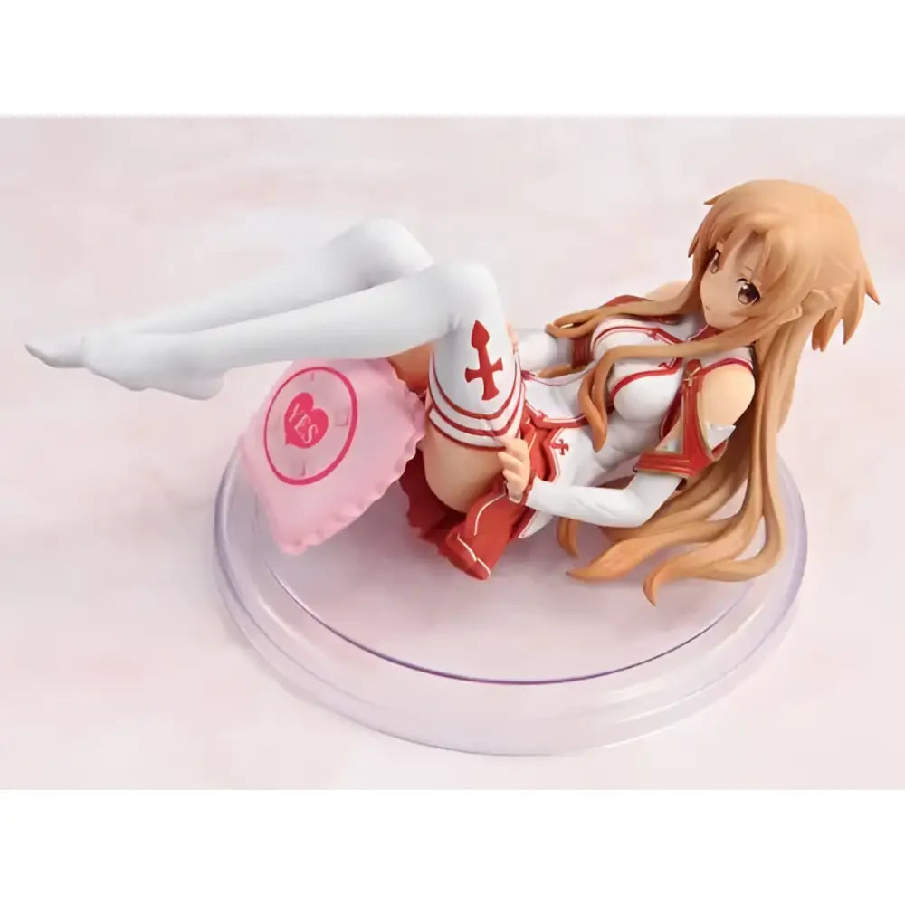 Detailed sword art online yuuki asuna pvc figure 1/8 scale reclining on clear base with flowing blonde hair and white red outfit
