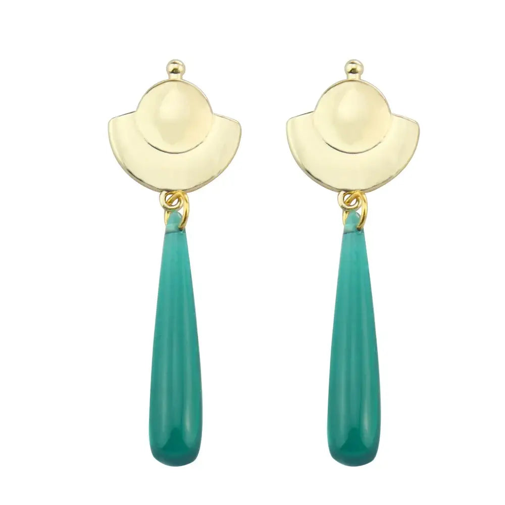 Gold-toned mao mao cosplay dangle earrings with alloy green gem and translucent teal teardrop pendants
