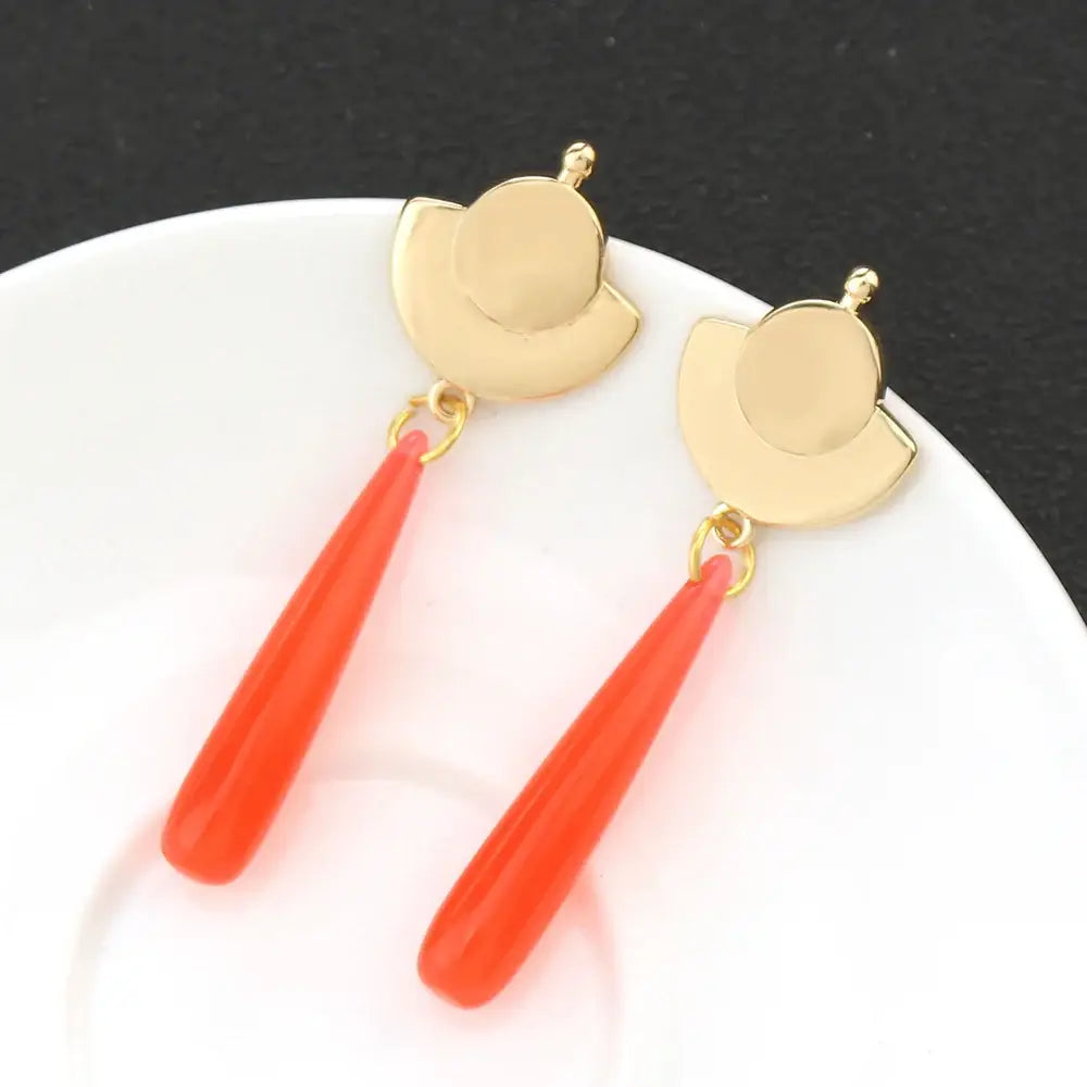 Gold-toned geometric mao mao cosplay earrings with vibrant orange teardrop pendants and alloy green gem accents