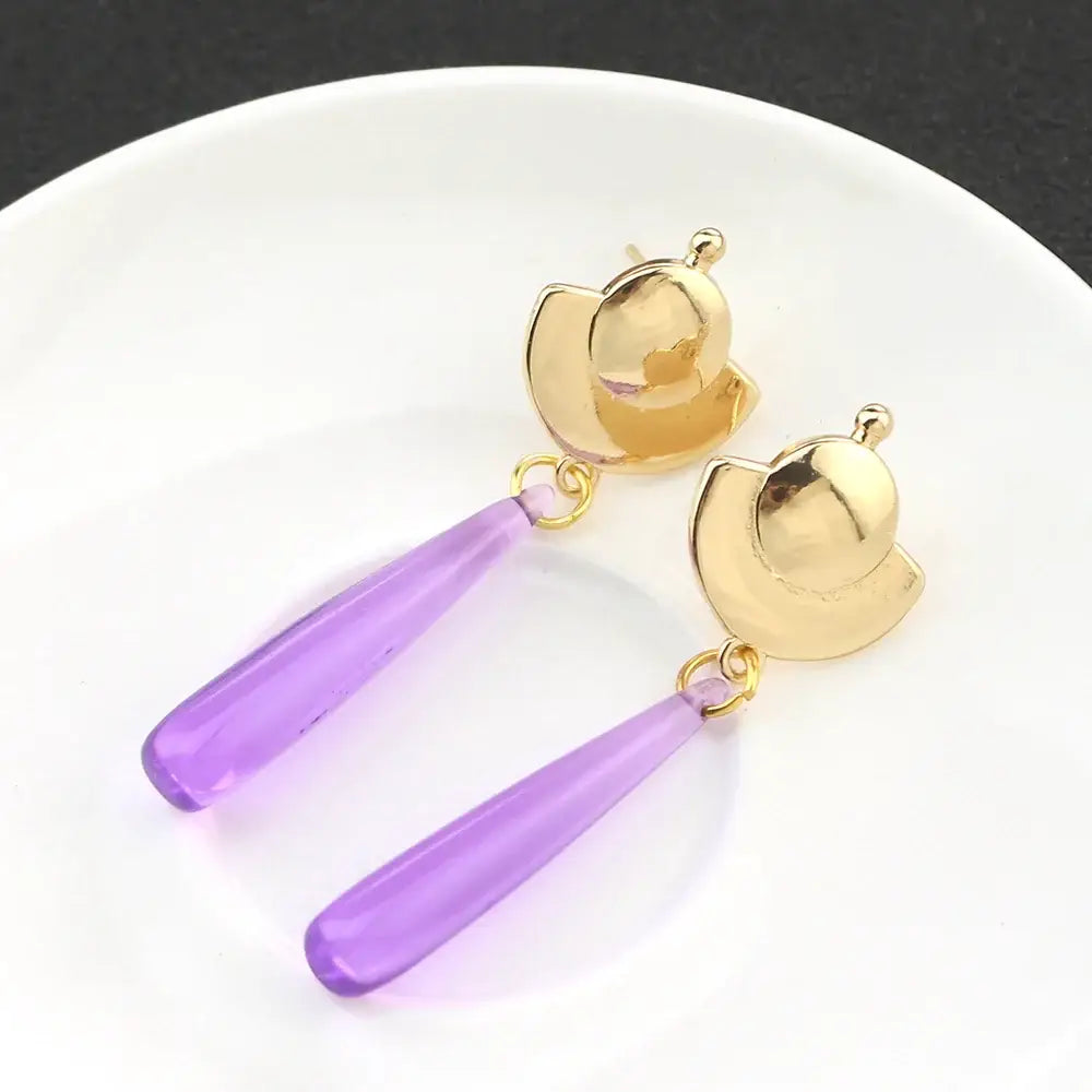 Gold-toned mao mao cosplay earrings with duck shape and dangling purple teardrop glass green gem pendants alloy
