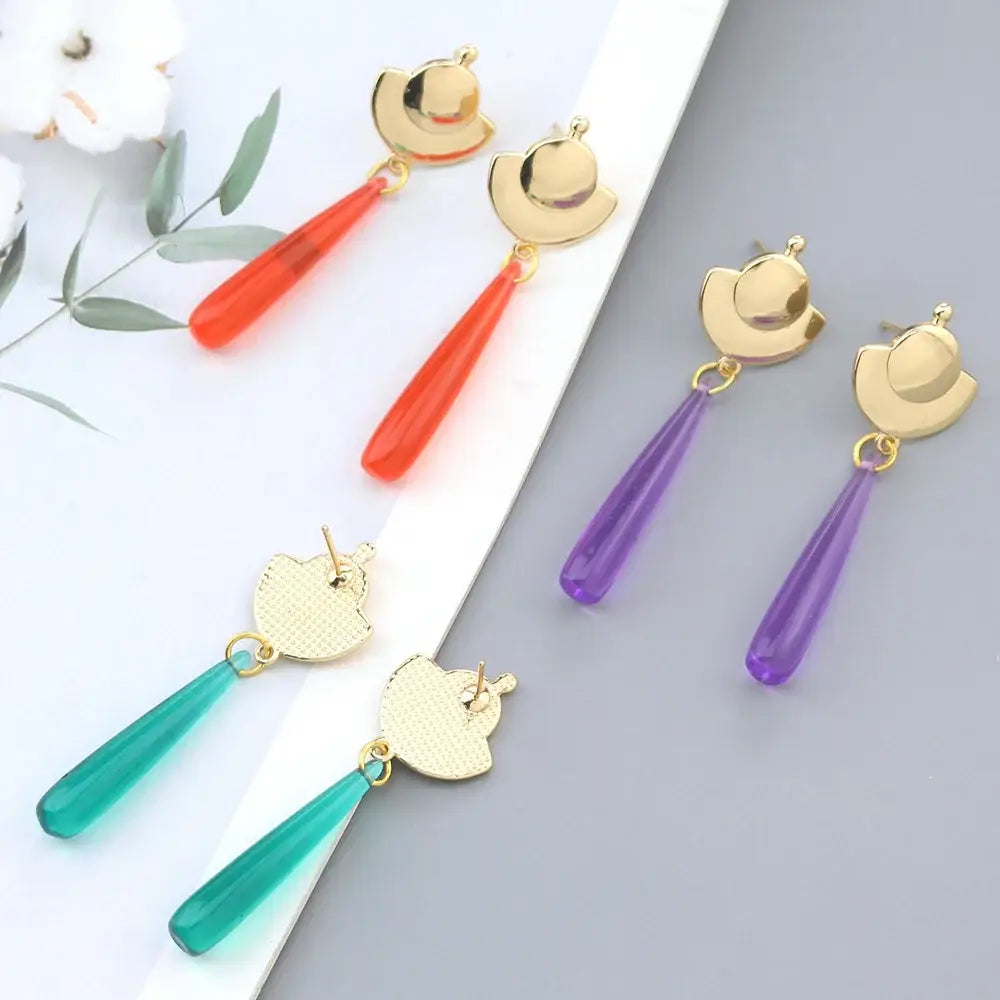 Gold-toned hat-shaped alloy earrings with orange purple and teal teardrop pendants for mao mao cosplay green gem look