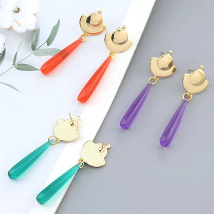 Gold-toned hat-shaped alloy earrings with orange purple and teal teardrop pendants for mao mao cosplay green gem look
