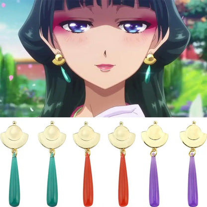 Gold alloy crescent moon mao mao cosplay earrings with green gem and multicolored gemstone pendants