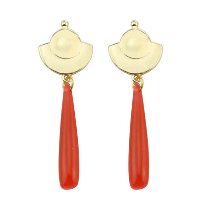 Gold-toned hat-shaped mao mao cosplay earrings with vibrant red teardrop pendants and alloy green gem accents