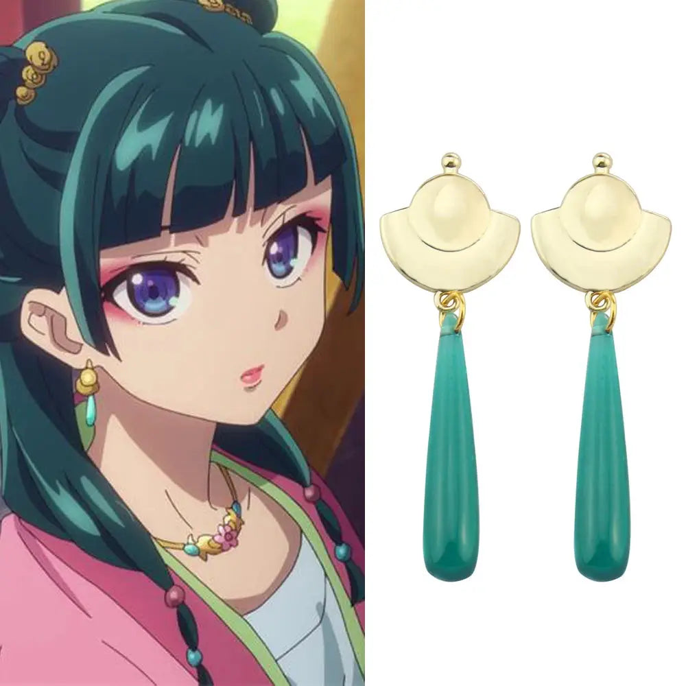 Gold-toned apothecary diaries maomao drop earrings with half-moon top and long translucent teal pendant cosplay jewelry
