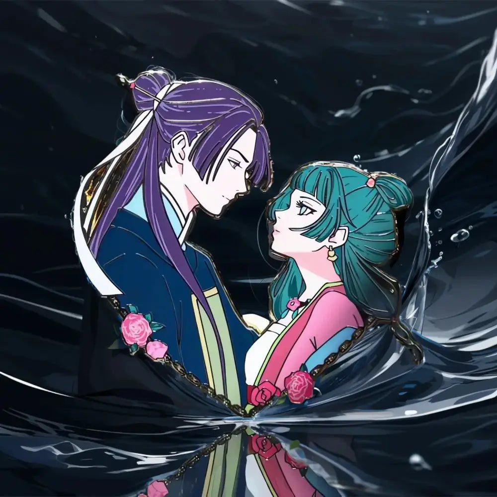 A glossy enamel pin of two anime characters with purple and teal hair surrounded by pink roses from apothecary diaries sweet