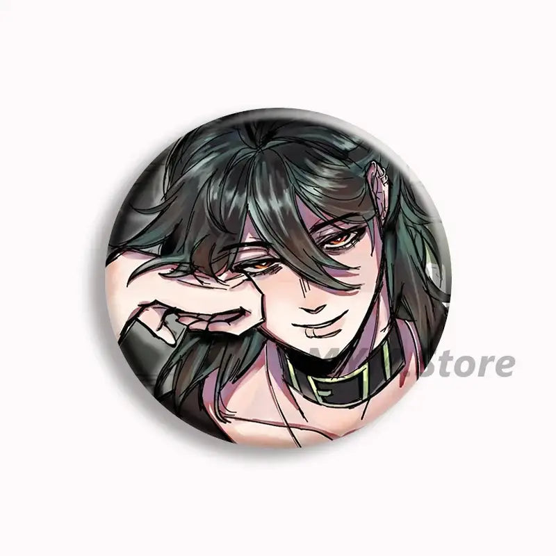 Circular anime button pin featuring a stylized person with dark layered hair and red eyes from the brugmansia button collection