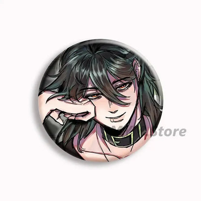 Circular anime button pin featuring a stylized person with dark layered hair and red eyes from the brugmansia button collection