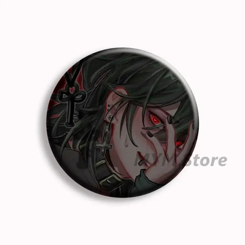 Circular black and gray anime button pin with glowing red eyes and key-shaped accessory featured in brugmansia button collection
