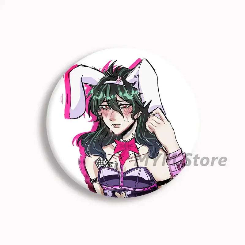 Circular button pin featuring an anime character with green hair white bunny ears and a brugmansia button design