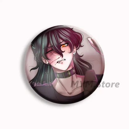 Circular button pin featuring an anime character with dark hair orange eyes and a choker in the kid at the back brugmansia button collection