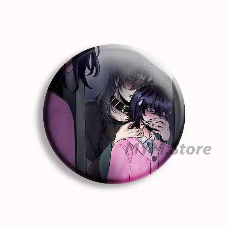 Circular anime-themed button pins featuring solivan in a pink jacket and brugmansia in dark clothing dramatic scene