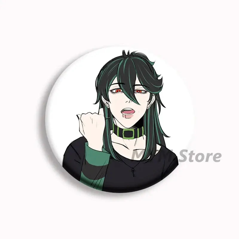 White circular button pin featuring anime character with dark green hair and red eyes from the brugmansia button collection