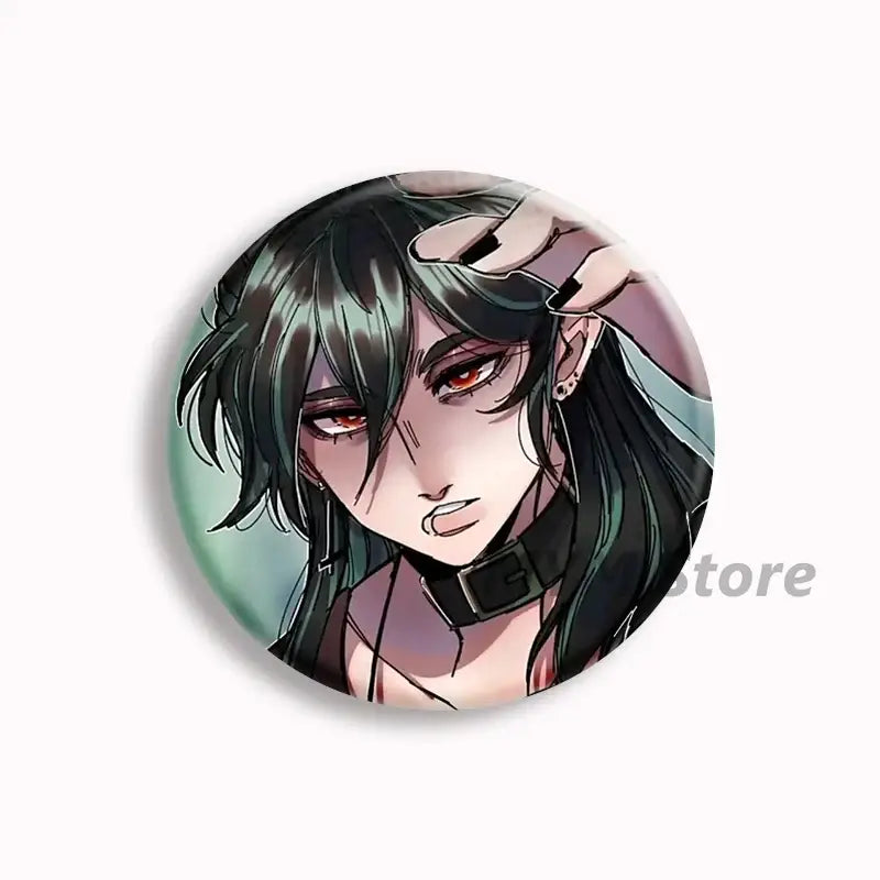 Circular button pin featuring an anime character with dark green hair red eyes and black choker from brugmansia button collection