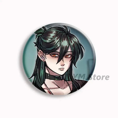 Circular anime-style button pin featuring a dark green hair character with orange eyes and black choker from brugmansia button collection
