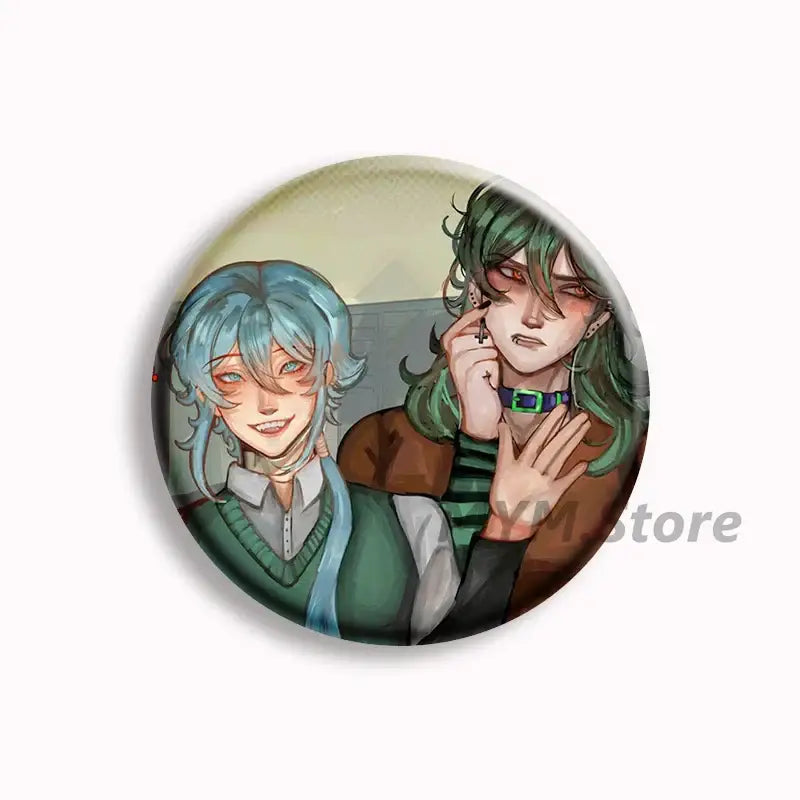 Circular button pins featuring two anime characters with green and blue hair for the kid at the back brugmansia button