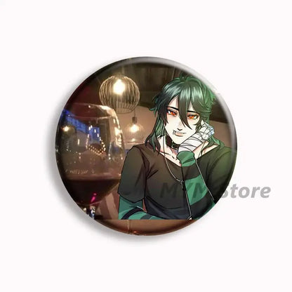 Circular button pin featuring an anime character with green hair and red eyes in a brugmansia button design