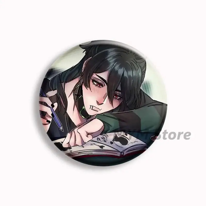 Circular anime-style button pin featuring a dark-haired character with red eyes writing in a notebook brugmansia button