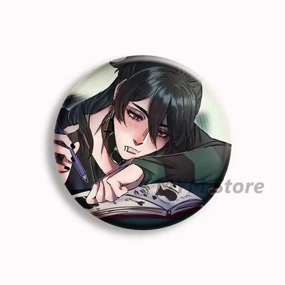 Circular anime-style button pin featuring a dark-haired character with red eyes writing in a notebook brugmansia button