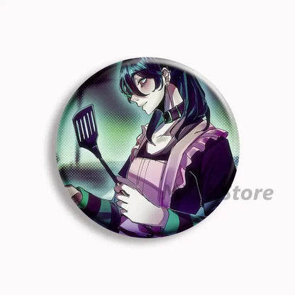 Circular button pin featuring an anime character with dark hair in a purple apron holding a black spatula brugmansia button