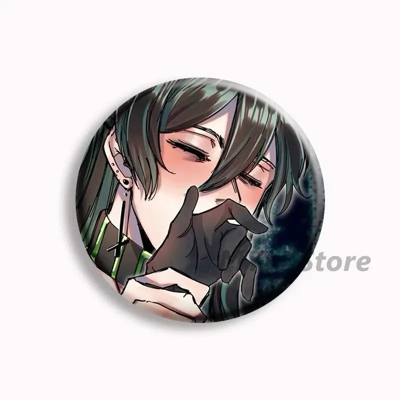 Circular button pins featuring an anime character with dark green hair and black gloves for brugmansia button fans
